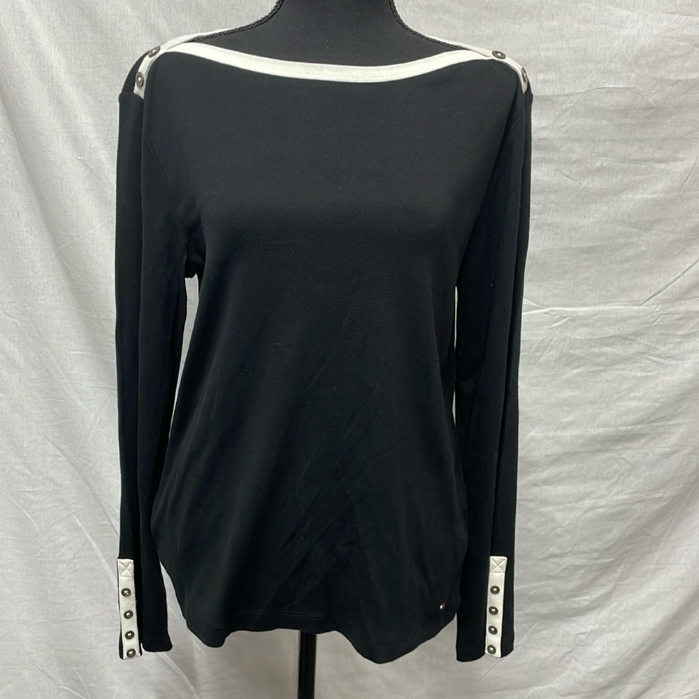 Tommy Hilfiger  Long-sleeve black tee, white boatneck collar, tunic, size L